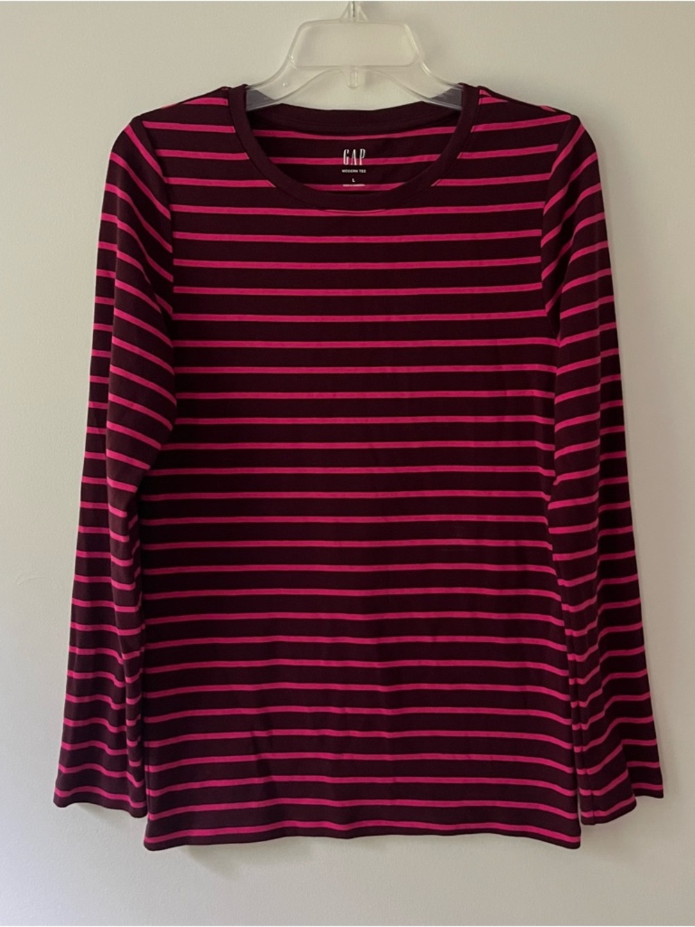 GAP Burgundy Striped Long Sleeve Crewneck T-Shirt Large Cotton Modern Tee